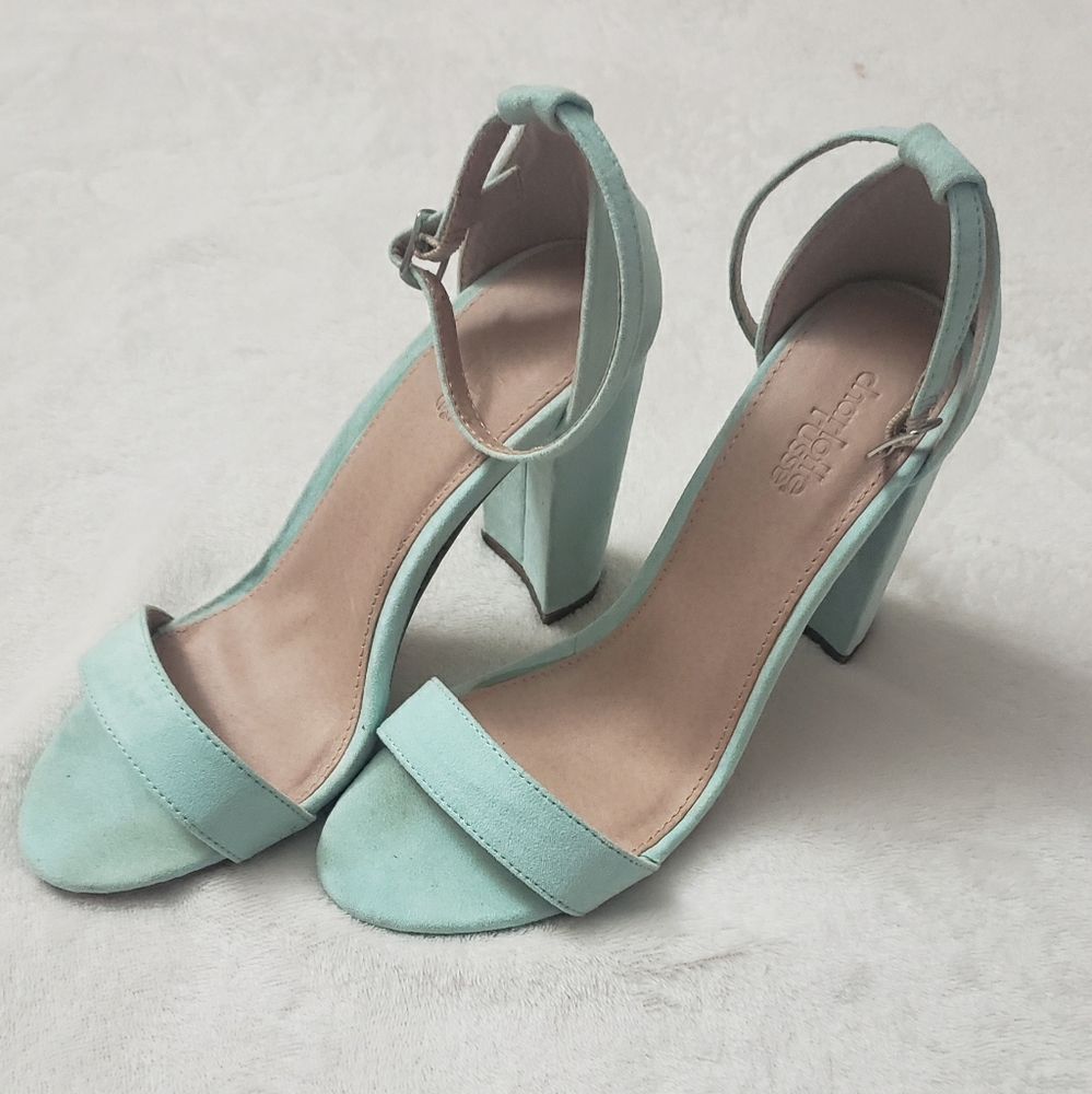 Teal suede block heels